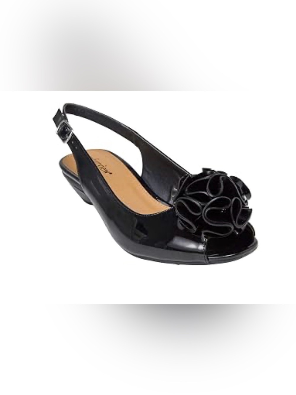 comfortview Black Patent Slingback Peep-Toe Mules with Rosette